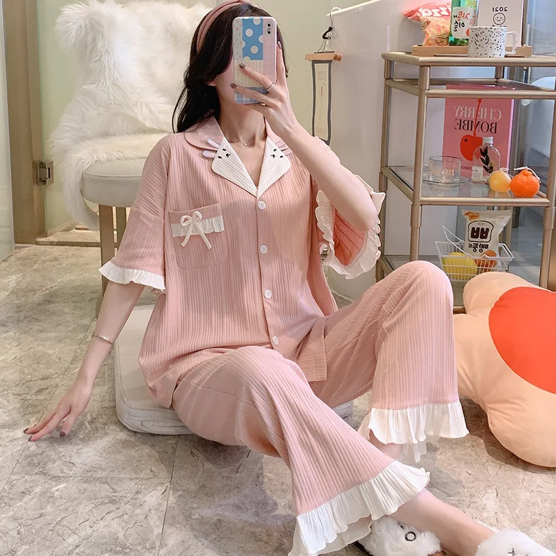 

Кардиган, пижама, женские летние брюки с коротким рукавом, тонкий хлопковый костюм, свободная Милая Домашняя одежда с розовым Кроликом, весн...