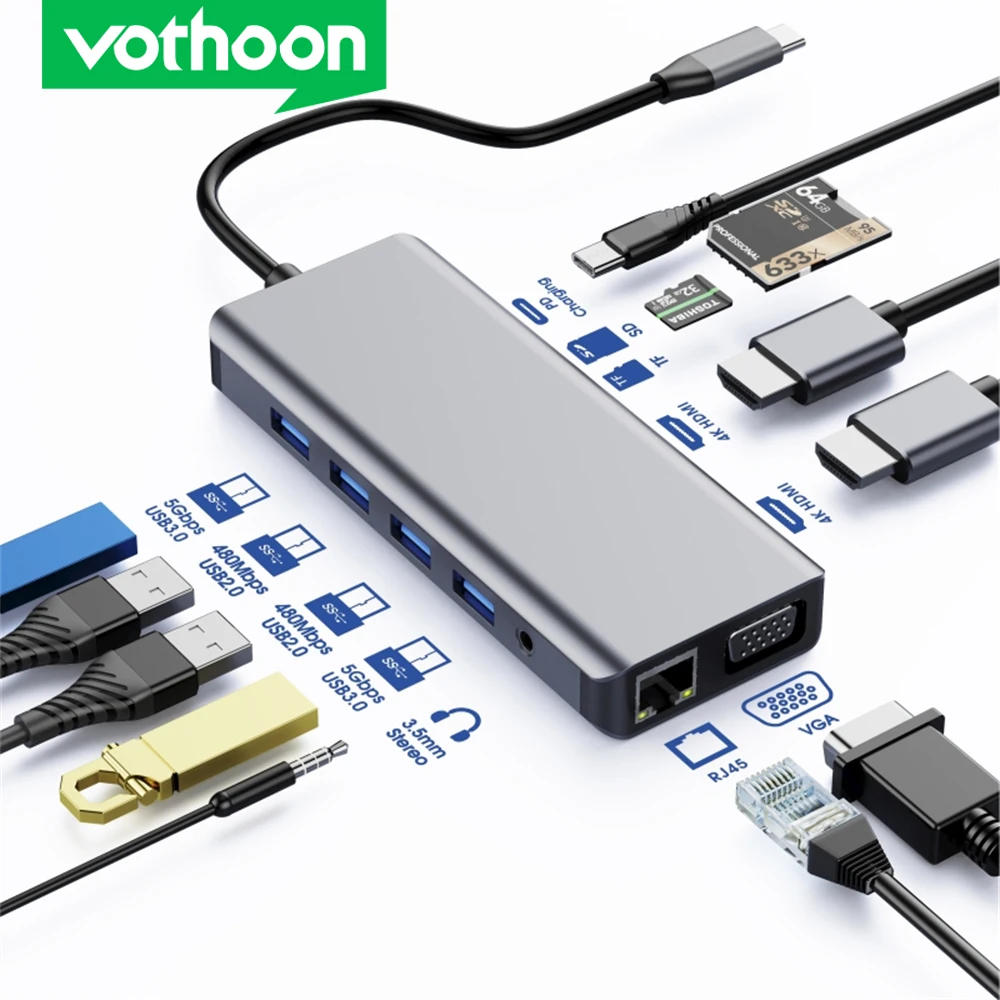 Vothoon 12 in 1 Type C USB Hub 3.0 to RJ45 Gigabit Ethernt HDMI-compatible VGA Dock Station For MacBook Laptops USB C Hub