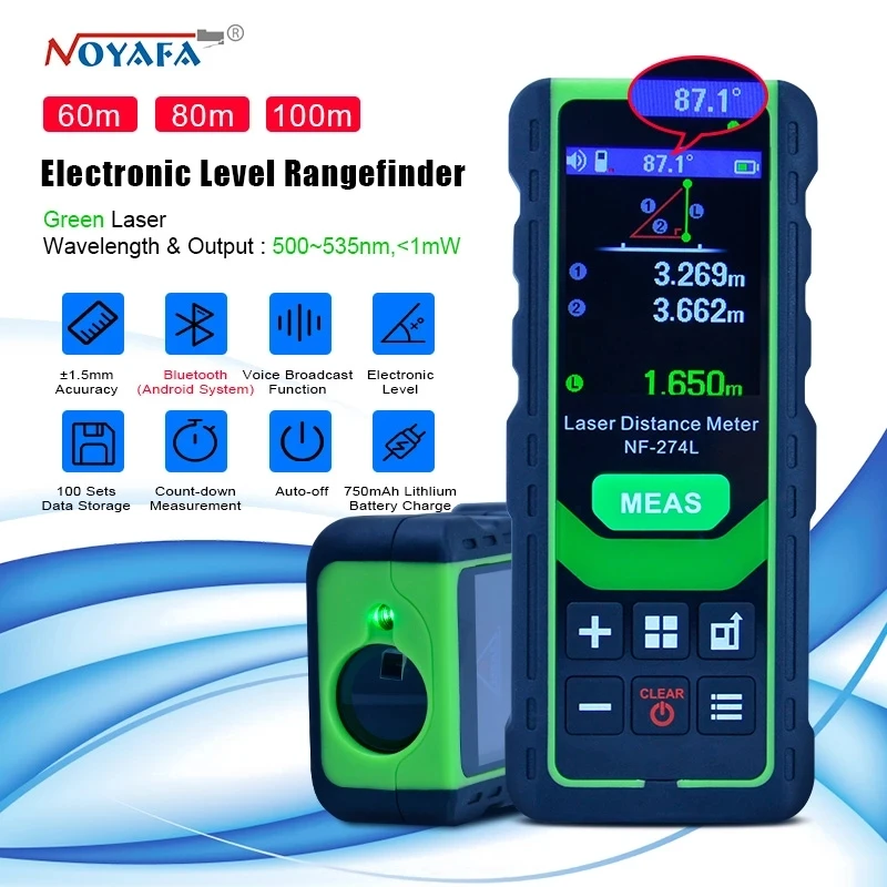 

Noyafa NF-274L Green Laser Distance Meter 60M 80M 100M Rangefinder Laser Tape Range Finder Measure Electronic Level Test Tool