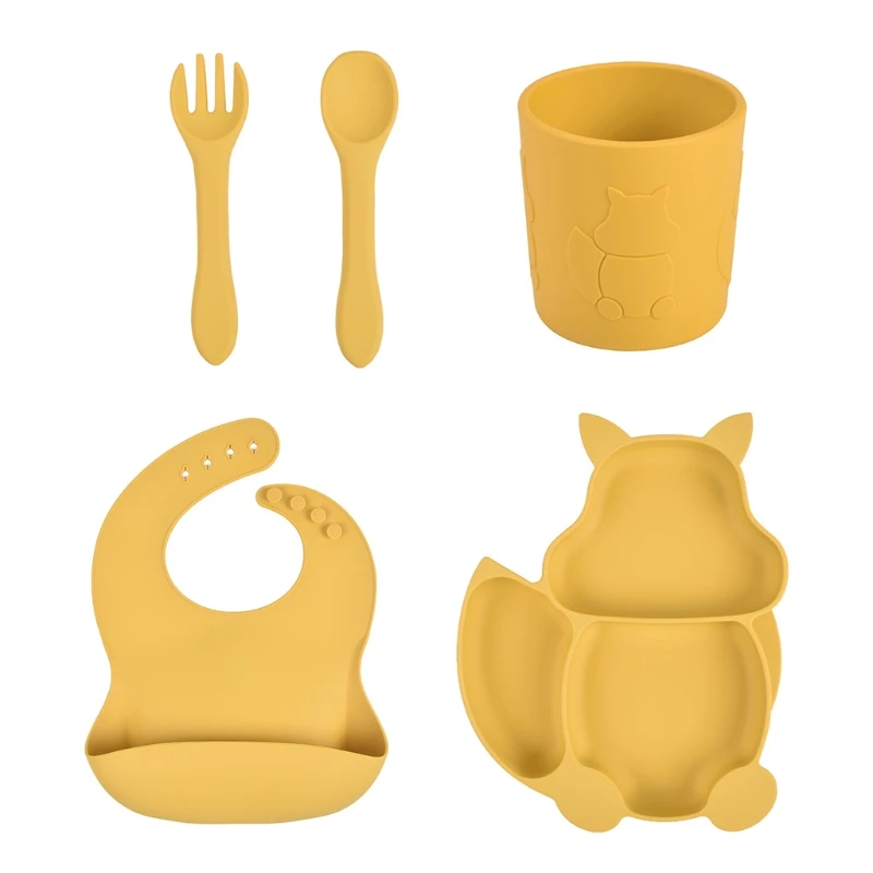 5 Pcs Baby Silicone Bib Divided Dinner Plate Spoon Fork Cup Set Training Feeding Food Utensil Dishes Tableware Kit for Newborn | Мать и
