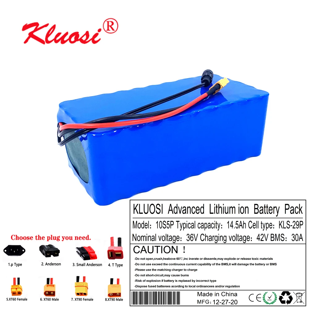 KLUOSI 10S5P 36V 14.5Ач 15Ач 1000Вт Батарея с 30A BMS 42В Li-ion Пакет для Электровелосипеда Электромобиля Велосипеда Моторного Скутера.