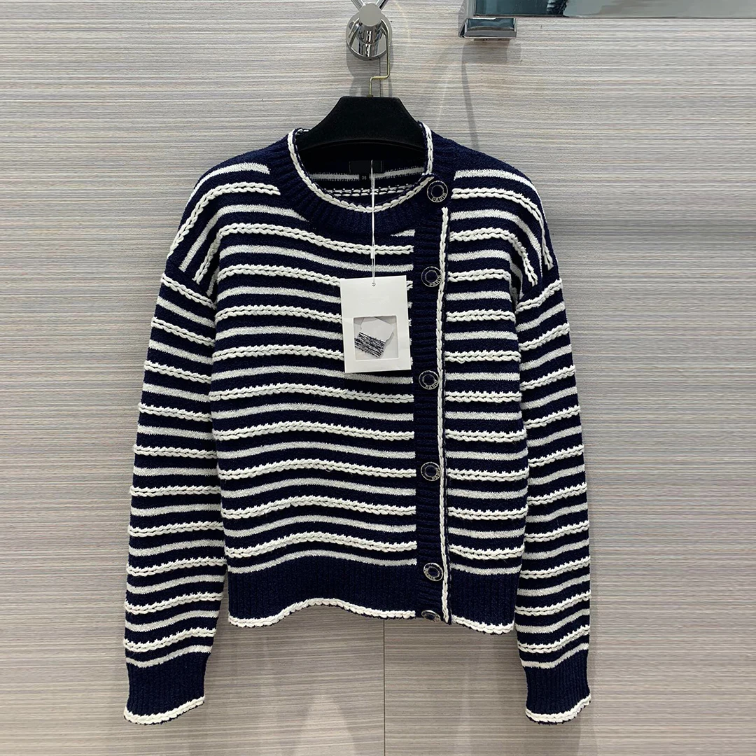 

twist navy white stripes contrast O-neck cardigans sweaters women 2020 early spring runway design single breasted knit sweater