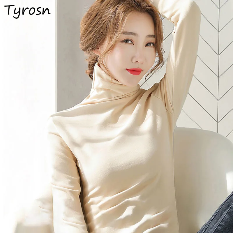 

Plus Size M-4XL Long Sleeve T-shirts Women Warm Thicker Soft Half High Collar Casual Solid Tops Slim Stretchy Oversized Tshirts
