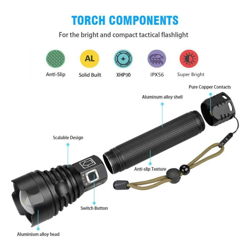 Precio Al Aire Libre Linterna Brillante XHP90 Bombilla De Luz LED Recargable De Poderoso De Linterna De Calidad Superimpermeable Zoom De Luz
