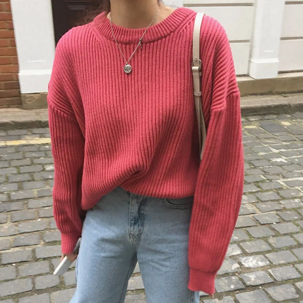 

Woman Vintage Long Sleeve O-Neck Sweaters Pullovers Thicken Knitted Jumpers