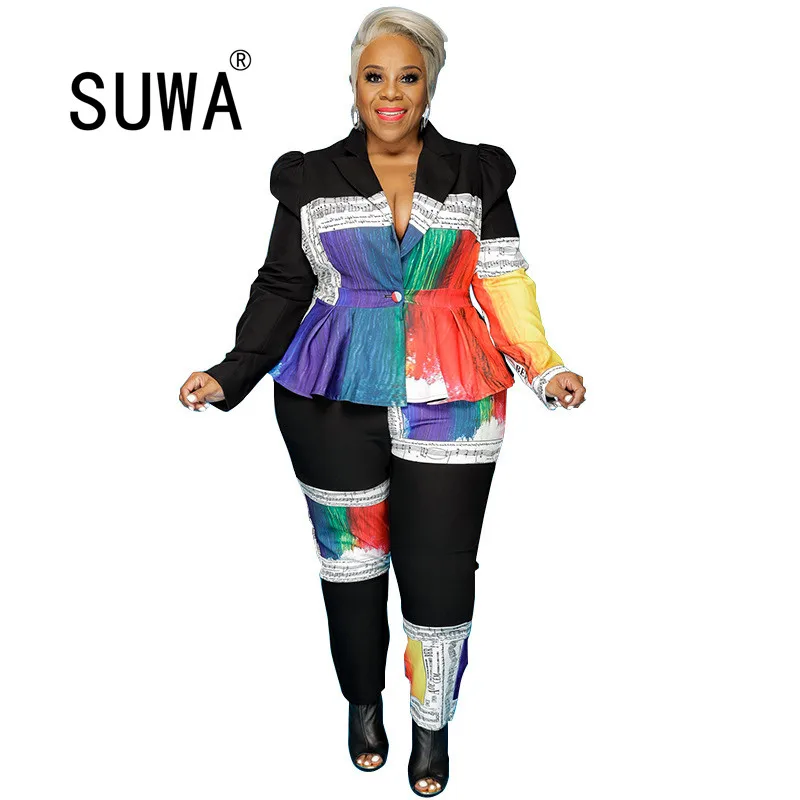 

Plus Size Women Two Pieces Set 2021 Multicolor Printed Long Sleeves Blazer Coat with Ruffles + Long Pants Office Lady Outfits