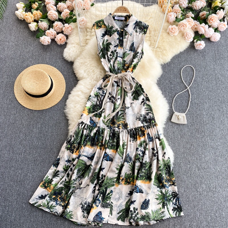 

Merchall Summer Vacation Elegant Long Dress Woman Turn Down Collar Sleeveless Flower Print Buttons Bow Sashes Dresses M53673