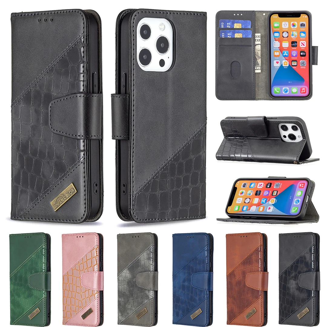 

Luxury Splicing Leather Case For iPhone 13 Pro Max 12 Mini 11 XR X SE 2020 8 7 Plus Coque Fashion Crocodile Pattern Wallet Cover