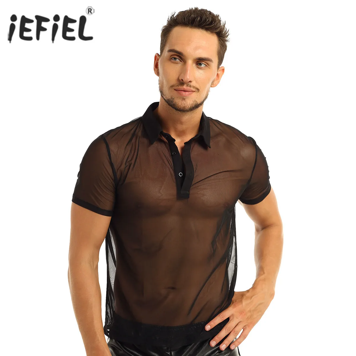 

Майка мужская Просвечивающая сетчатая, пикантная майка для фитнеса и борьбы, Эротическая майка с короткими рукавами и отложным воротником