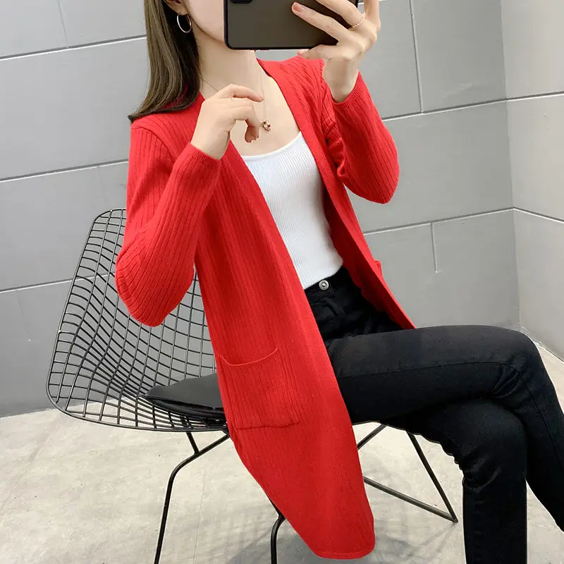 

Spring Korean Knit Cardigan Women's Mid-Length All-Match 2021 New Autumn Outer Sweater Jacket Female V-Neck No Buckle Tops M019