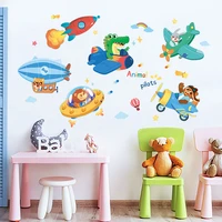 cartoon animal pilots airplane wall stickers for kids room boys bedroom decor cabinet door sticker home decor wall decoration