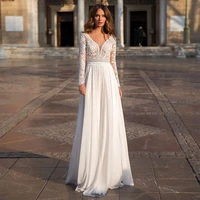 modest long sleeve wedding dress chiffon lace v neck elegant bridal gowns floor length vestidos de noiva white ivory plus size