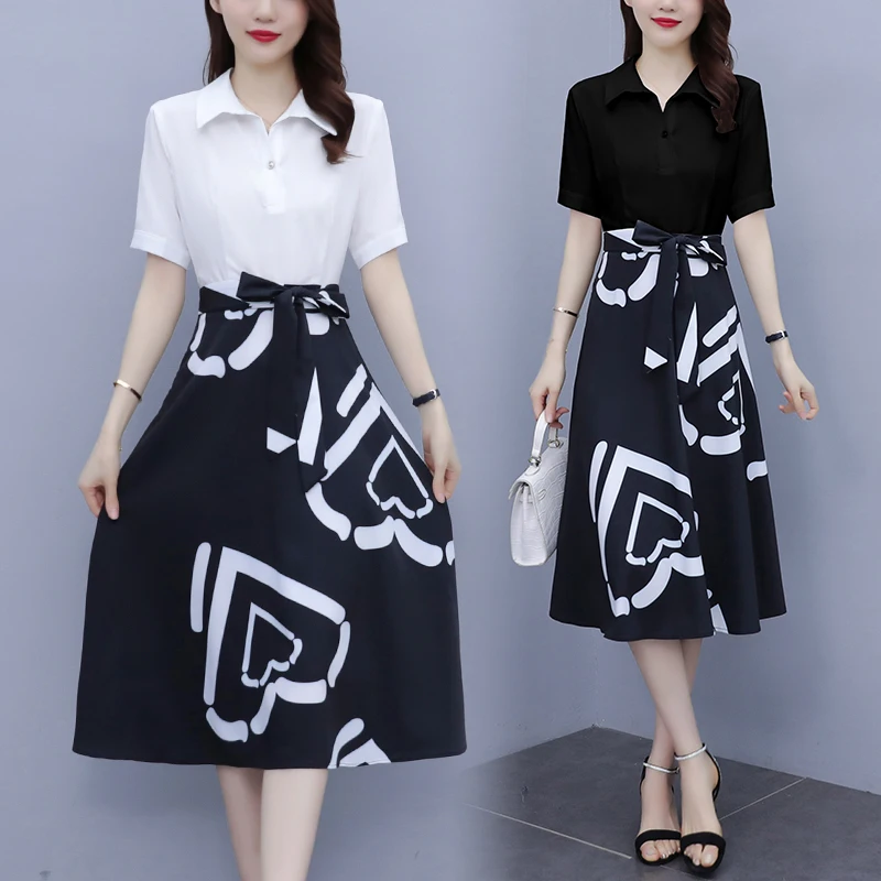 

Lady Office Shirt Dress Summer Short Sleeve High Waist Patchwork Fake Two Piece Midi Dresses Women Fashion 5XL Size Clothes
