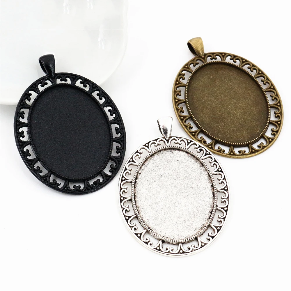 

New Fashion 5pcs 30x40mm Inner Size Black Antique Silver Plated and Bronze Pierced Style Cabochon Base Setting Charms Pendant