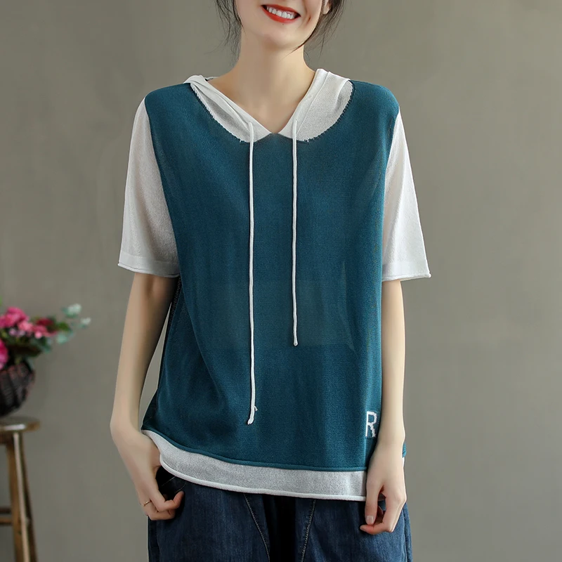 

Original fake two-piece hooded drawstring short-sleeved T-shirt women summer Korean loose cotton knit sweater