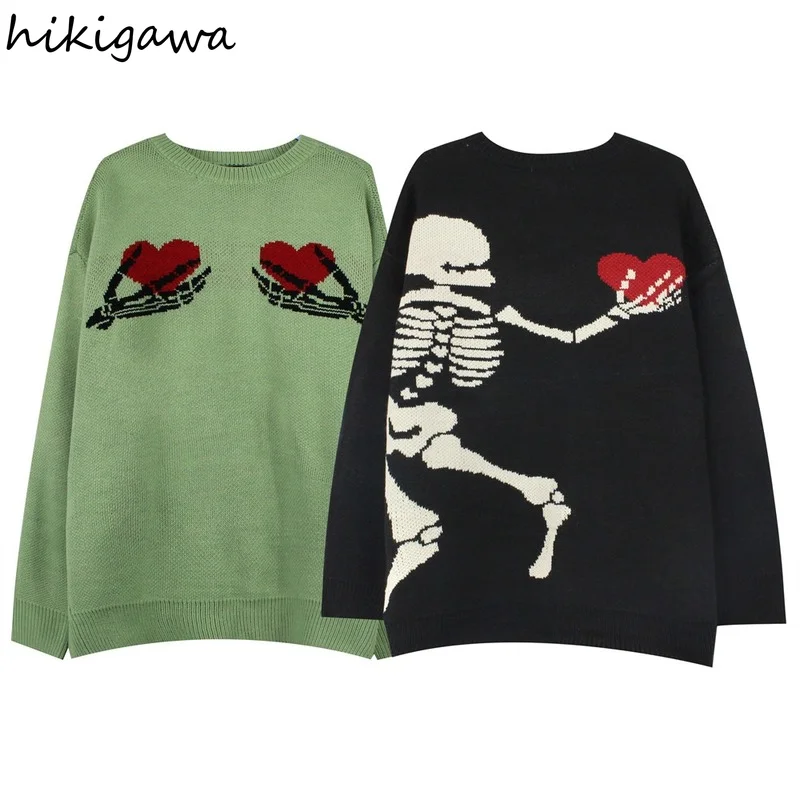 

Hikigawa свитера в стиле Харадзюку для женщин, шикарные пуловеры с принтом скелета, уличная одежда BF, большие Топы, корейский Шикарный джемпер, п...