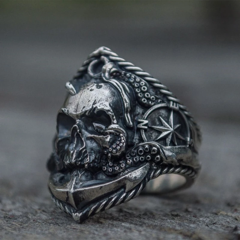 

Retro Silver Color Men's Gothic Skull Biker Rings Pirate Anchor Compass Stainless Steel Ring Male Punk Rock Jewelry Size 7-13