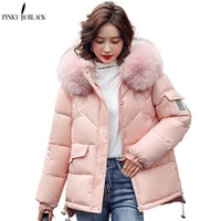 pinkyisblack women winter hooded thick short jacket solid casual glossy warm cotton padded parkas fur collar winter coat women