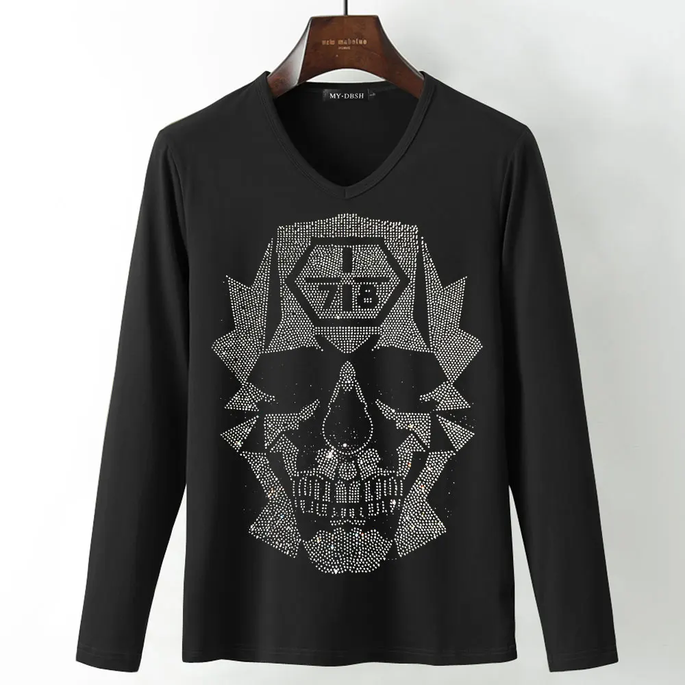 T010-V-Black Горячая фиксация горный хрусталь печать мужская панк стиль футболка Сияющий топ из бриллиантов Тройники Размер плюс мужской blingbling футболки с черепами черный белый - Цвет: T010-V-Black