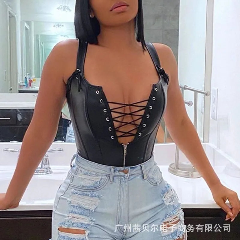 Женская обувь из Pu искусственной кожи черные повязки боди в стиле панк с вырезами