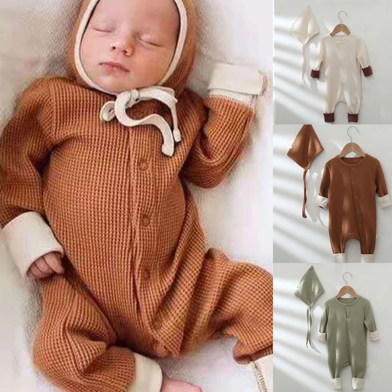 

Infant Boys Girls Unisex One-piece Footless Romper with Hat Baby Long Sleeve Outer Garment Cotton Jumpsuit Snug Fit