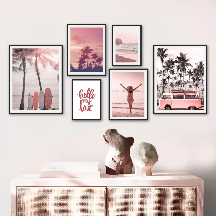 

Pink Sea Beach Car Coconut Tree Surfboard Wall Art Canvas Painting Nordic Posters And Prints Wall Pictures For Living Room Decor