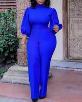 women jumpsuits blue lantern sleeves elegant office ladies work wear classy half high collar spring african fashion large size
