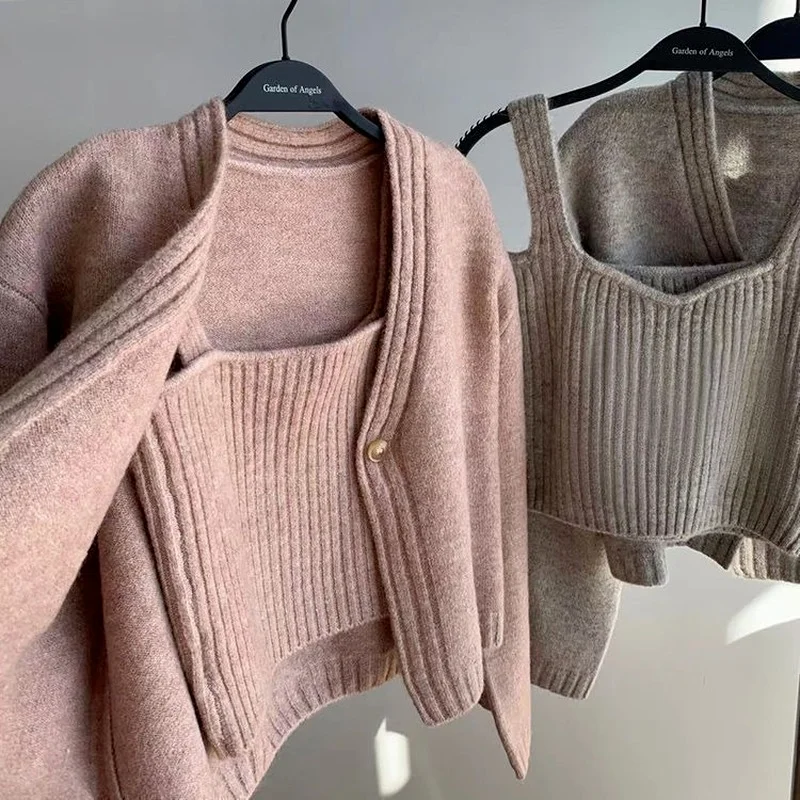 Knitted Sweater Cardigans Loose Korean Style Women Long Sleeve Female Cardigan Solid Sweaters Sueter Mujer Casual Two-Piece Sets