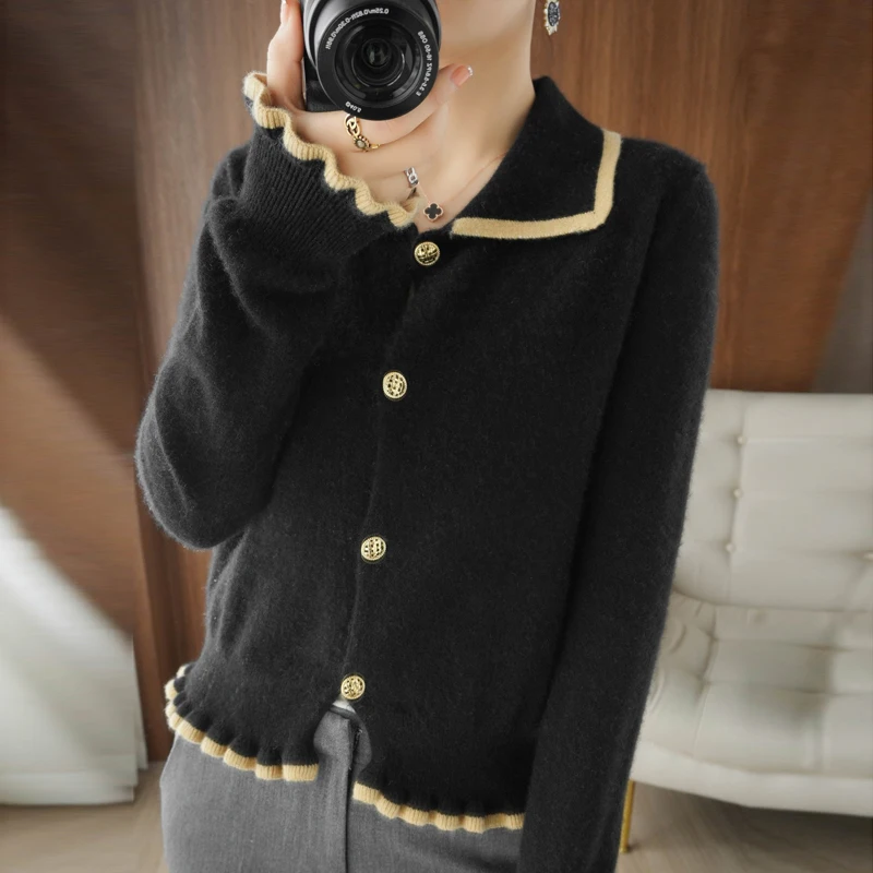 Кардиган женский из чистой шерсти Свободный вязаный свитер с отложным