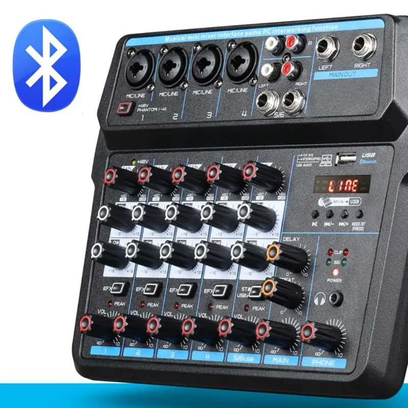 Профессиональный 6 канальный аудиомикшер с USB интерфейсом Bluetooth 48 В фантомное