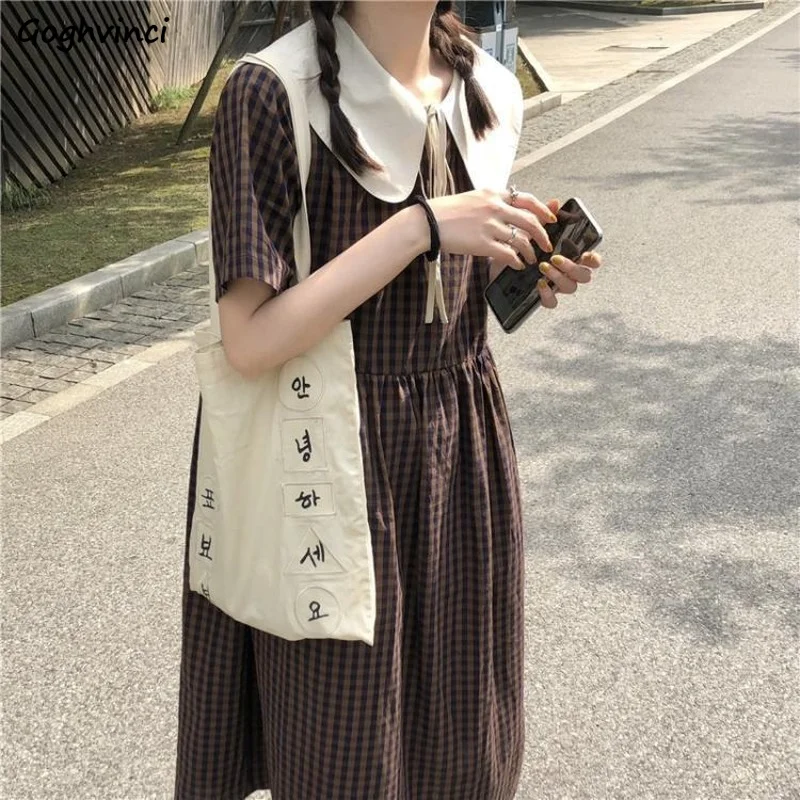 

Short Sleeve Dress Women College Korean Style All Match Peter Pan Collar Empire Casual Harajuku Mid-calf Stylish Plaid A-line