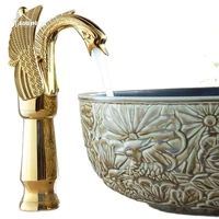 golden swan carved basin tap copper ceramic kitchen faucet single handle single hole hot and cold water mixed bathroom faucet