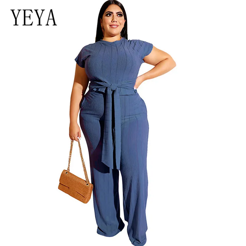 YEYA большой Размеры 4XL 5XL Винтаж широкий комбинезон с длинными рукавами комплекты из двух предметов комбинезон с коротким рукавом Для женщин костюмы «плюс сайз» Повседневное комбинезоны