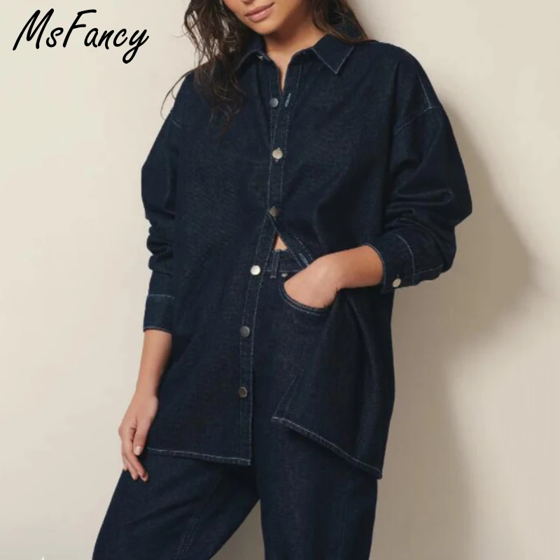 

Msfancy Denim Pant Sets Women Lomng Sleeve Loose Shirt High Waist Wide Leg Jeans 2 Piece Set Mujer Elegant Outwear
