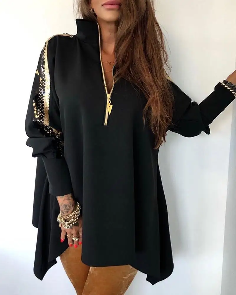 Женское длинное пальто на молнии с блестками и воротником стойкой|Женские