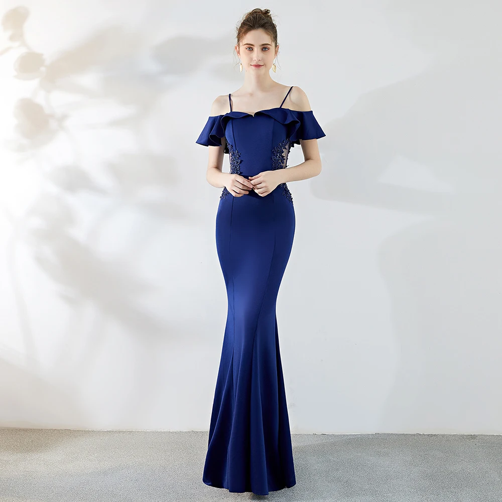 

Elegant Women Evening Dress Ruffles Off The Shoulder Mesh Backless Mermaid Party Gowns Spaghetti Strap Sexy Robe Formal Dresses