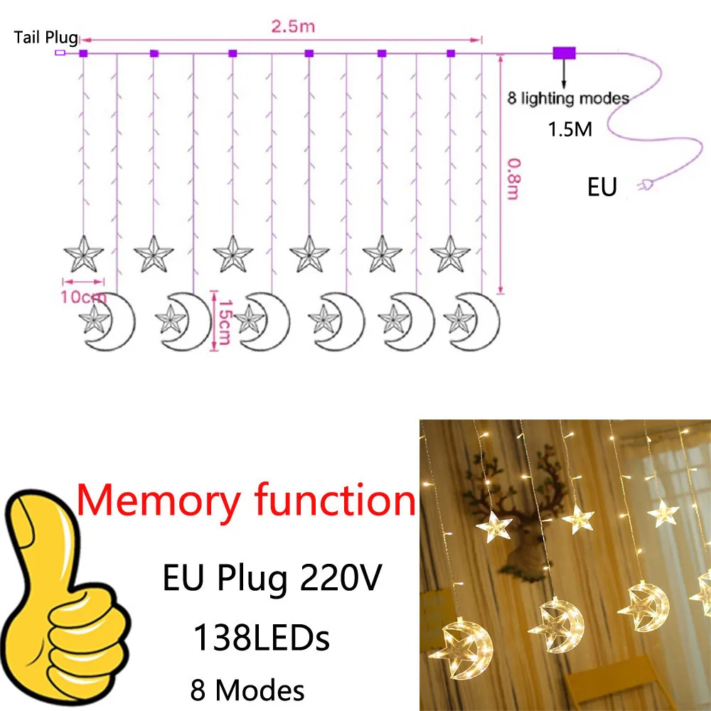 EU Plug Светодиодный светильник с Луной и звездой, Рождественский светильник, s украшение, праздничный светильник, s занавес, лампа, Свадебный неоновый фонарь, ЕС/USB, сказочный светильник - Испускаемый цвет: EU Plug