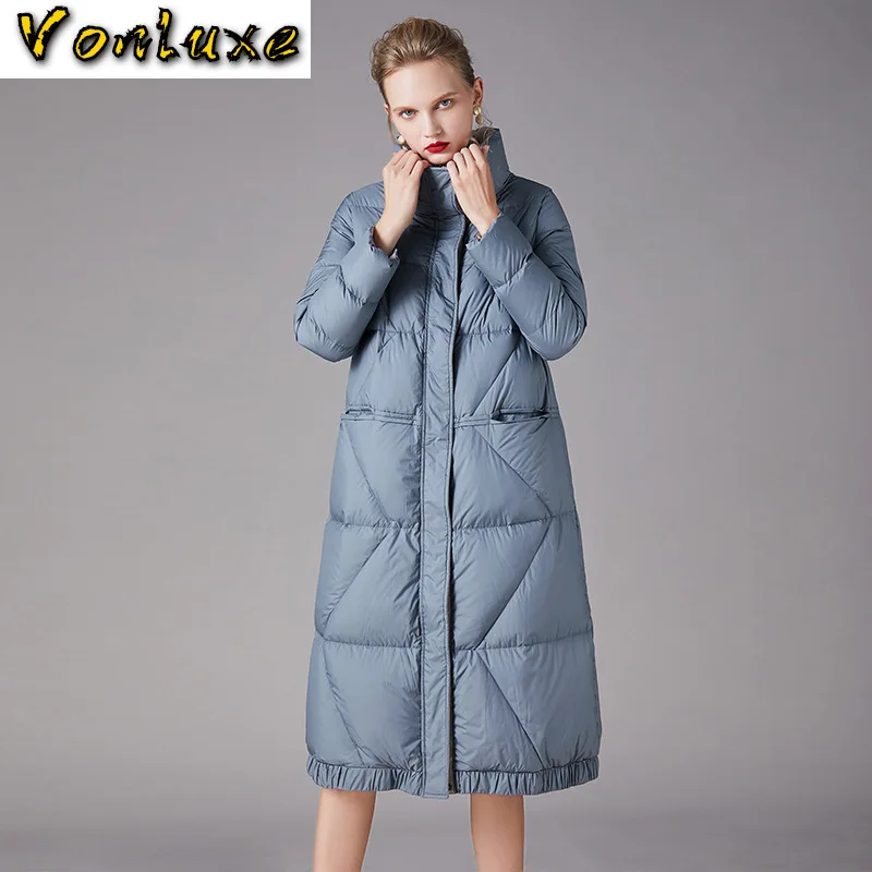 Длинная куртка на утином пуху женская зимняя верхняя одежда 2020 стеганые
