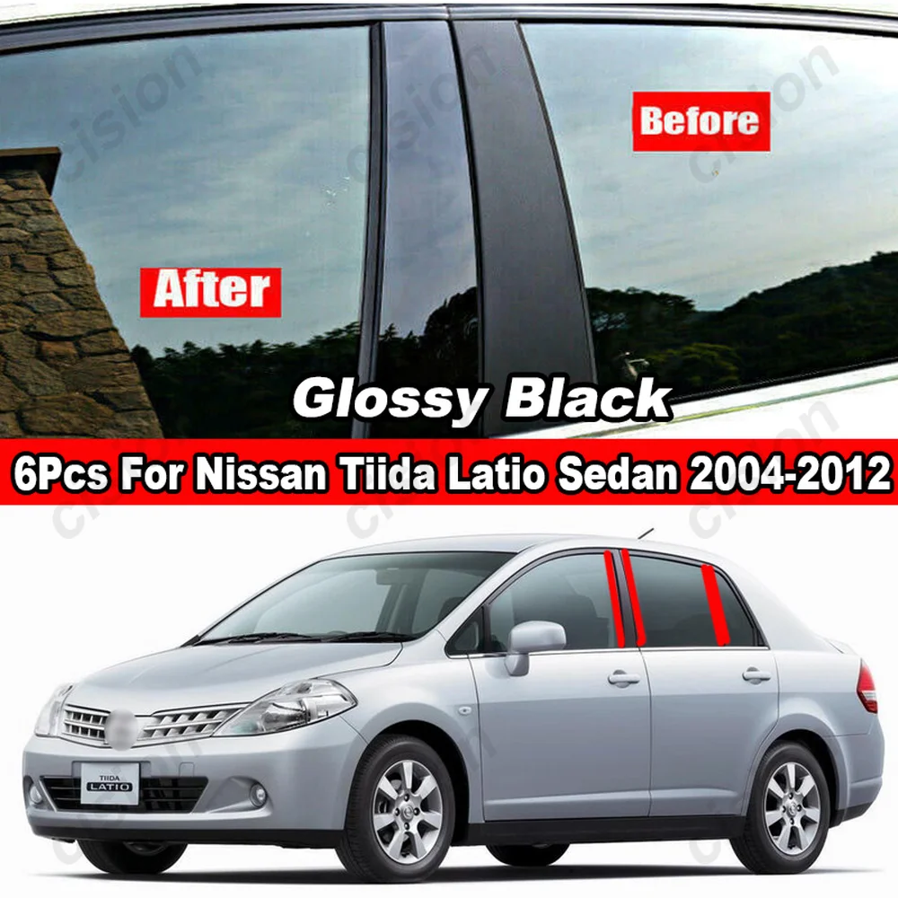 

8x Glossy Piano Black Door Window Center BC Column Pillar Posts Trim Cover PC Sticker For Nissan Latio Tiida Hatchback 2005-2010