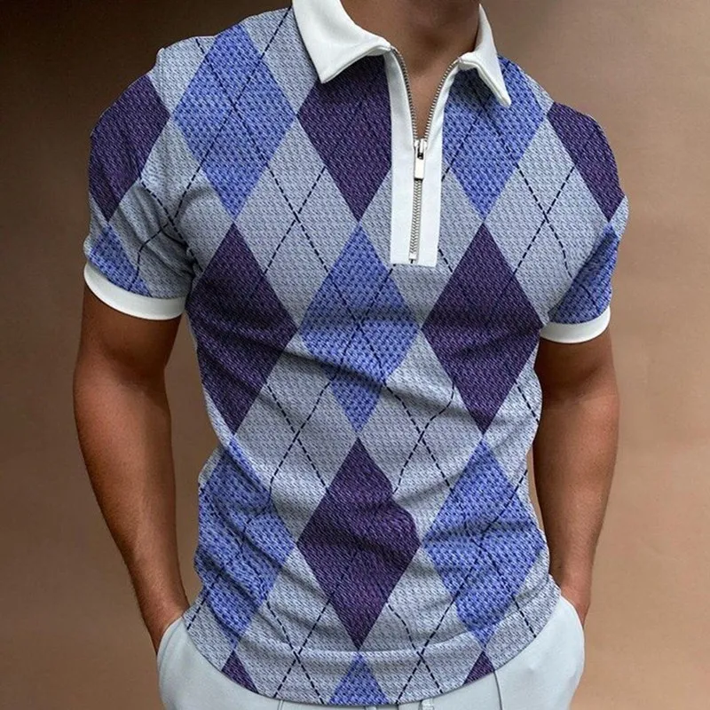 

Summer Fashion Business Male Polo Shirts Argyle Slim Tops Pullover Men Tee Shirt Casual Zippers Design Short Sleeve Polo Shirts