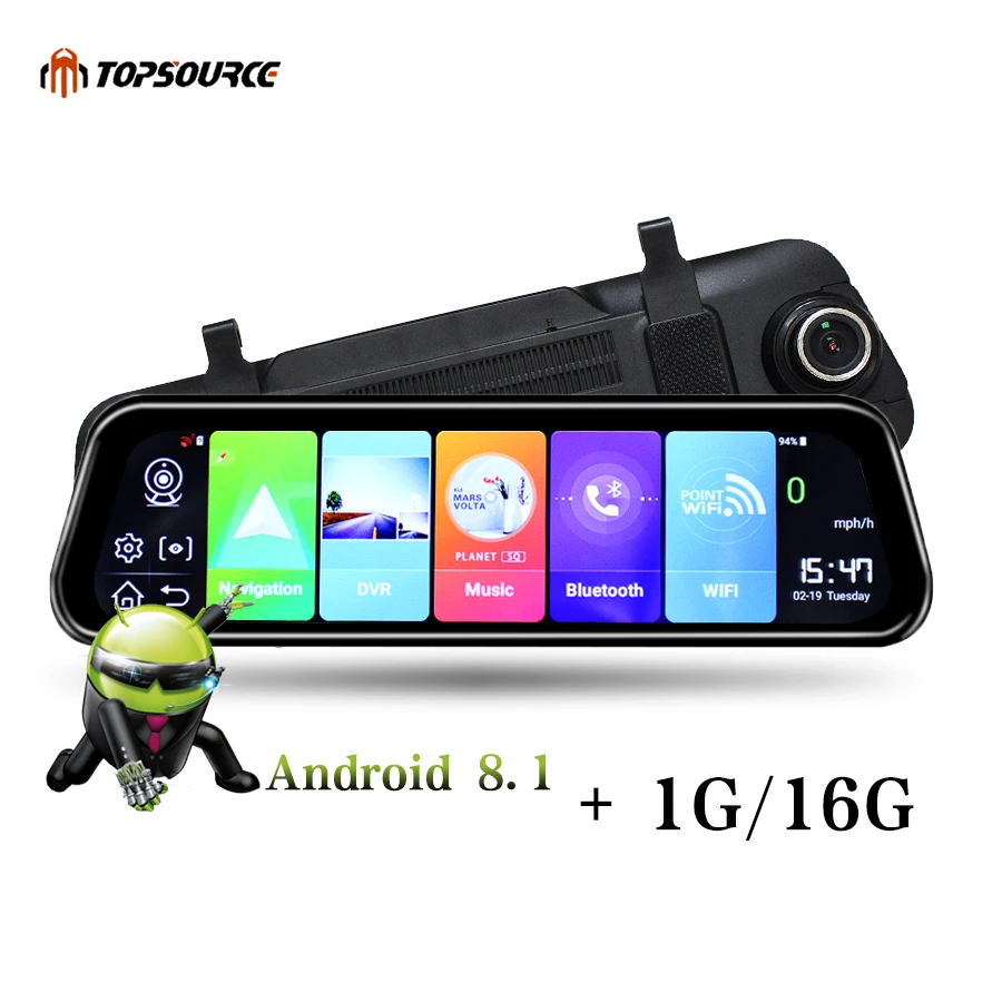 TOPSOURCE автомобильный зеркальный видеорегистратор 1" 4G Android 8,1 автомобильный gps-навигатор FHD 1080P видеорегистратор Dash камера ram 1 Гб rom 16 ГБ с ADAS
