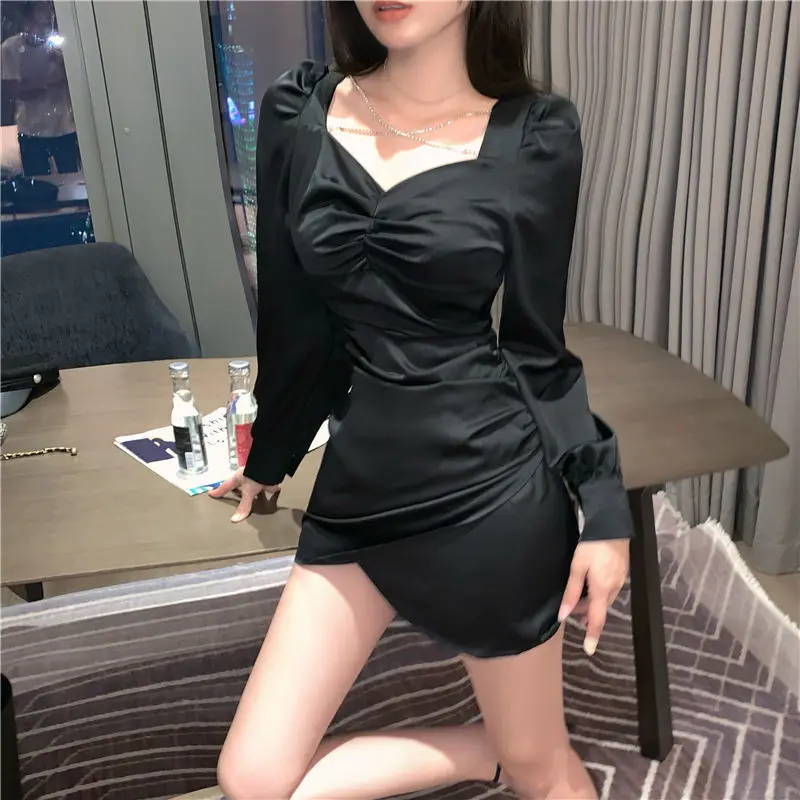 

Women Dress French Solid Full Sheath Sexy Empire Square Collar MINI Dress High Quality Ladylike Women Dress