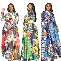 womens plus size long sleeved dress 2021 new digital printing lapel casual dress fashion african ethnic style long skirt
