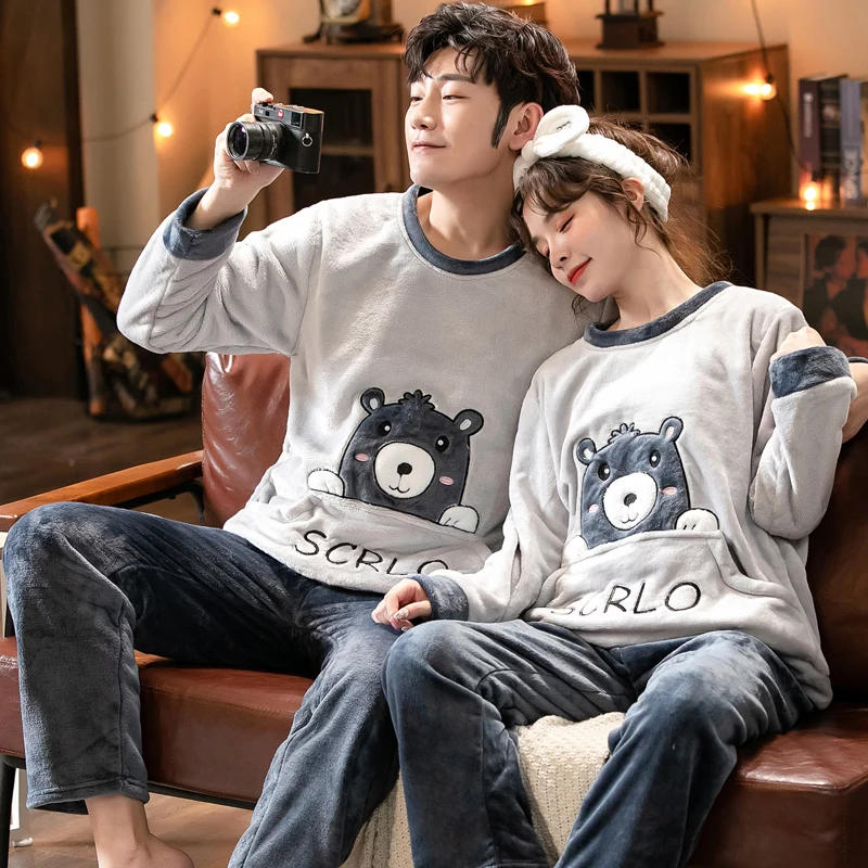 2021 Winter Long Sleeve Couple Thick Warm Flannel Pajama Sets for Men Comic Print Coral Velvet Sleepwear Women Homewear Clothes