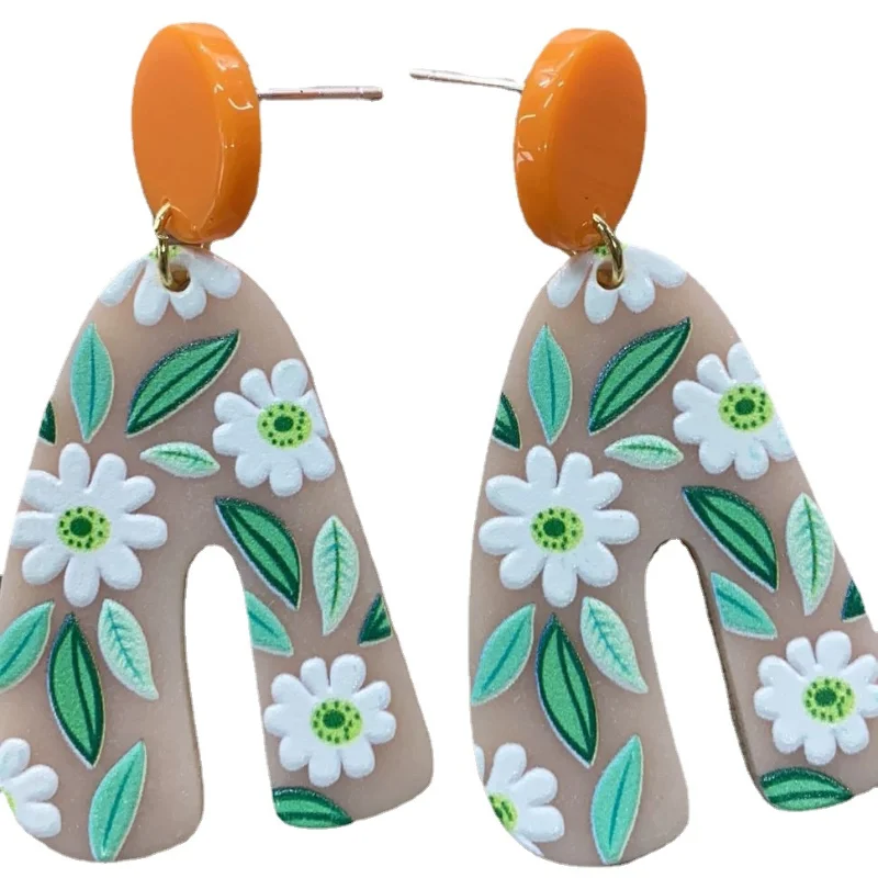 

LOVOACC Korean Vintage Daisies Printing Arcylic Drop Earrings Colorful Flowers Geometric Statement Dangle Earrings Oorbellen