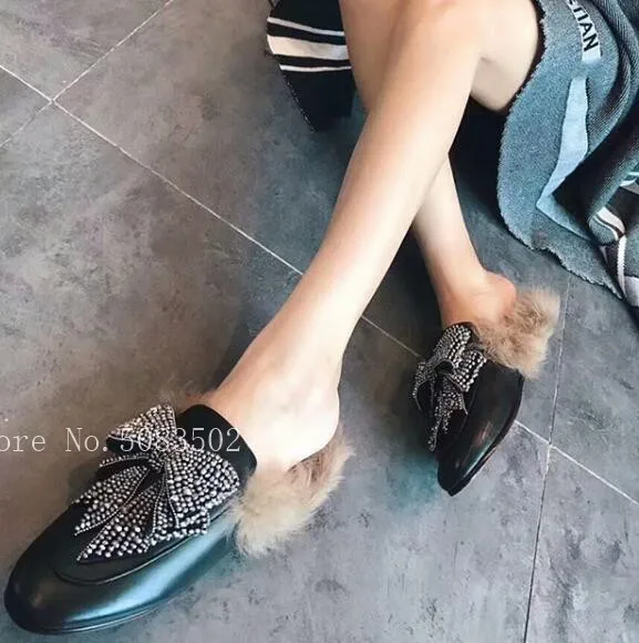 Модные женские зимние тапочки с украшением в виде кристаллов и большим бантом