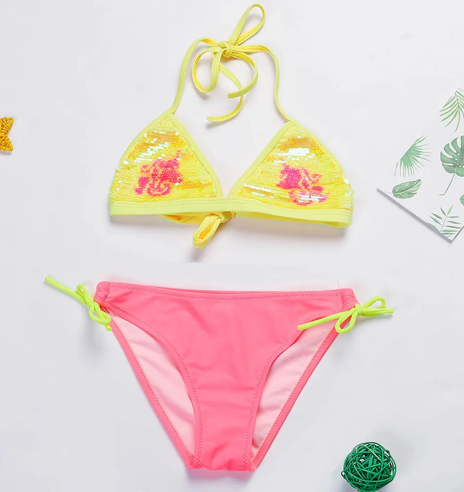 Женский купальник с блестками комплект бикини для маленькой девочки топ лямкой