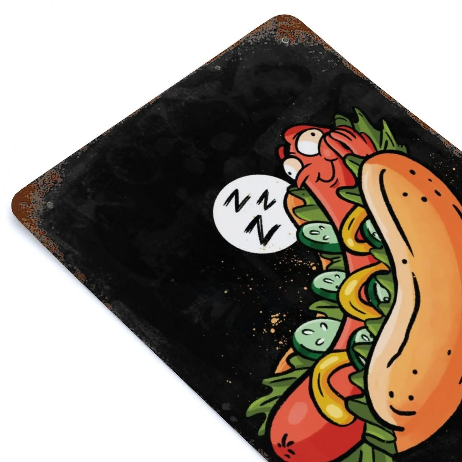 

Cartoon Hot Dogs Sleeping Fast Food Printed Vintage Metal Poster Home Pub Bar Garage Wall Decoration Tin Sign Plaque Decor