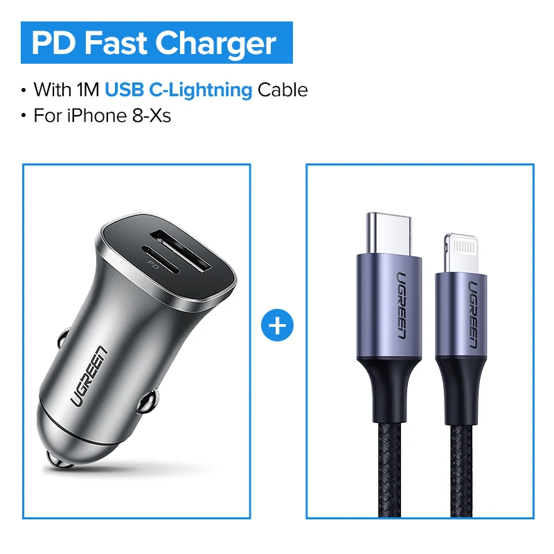 Add 1M C-Lightning Ugreen Quick Charge 4.0 3.0 QC USB Car Charger for Xiaomi QC4.0 QC3.0 18W Type C PD Car Charging for iPhone 11 X Xs 8 PD Charger - Тип штекера: Add 1M C-Lightning