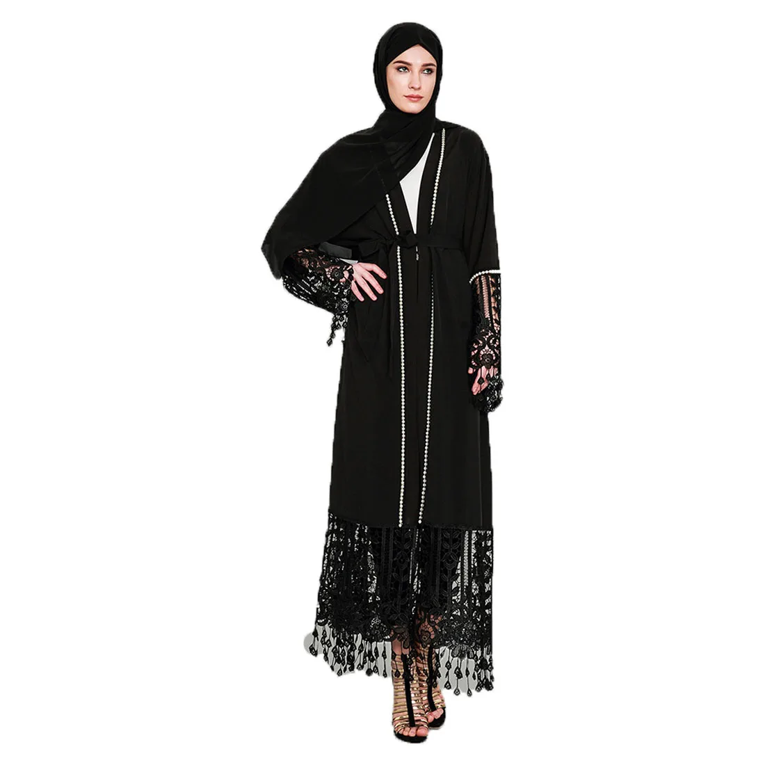 BianFeng женская мусульманская мода бисером Абая Хиджаб Платье на шнуровке Кардиган со вставками с бахромой халат размера плюс Цвет черный